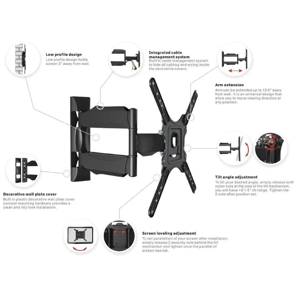 Model P4-NB 6 Way Swivel Tilt TV Wall Mount for LCD/LED TV's Upto 32" to 55" Inch