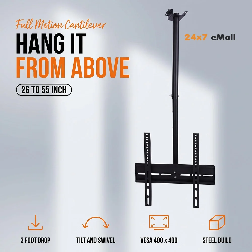 3 feet, Heavy Duty Full Motion Cantilever Tilt Swivel Ceiling Mount Bracket for 26" inch to 55” LED, LCD and Plasma TV for VESA sizes 100 x 100 upto 400 x 400 mm (Ceiling Swivel 26''- 55'')