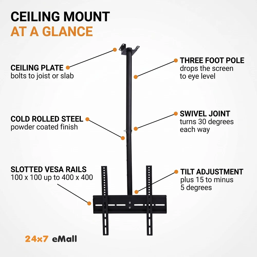 3 feet, Heavy Duty Full Motion Cantilever Tilt Swivel Ceiling Mount Bracket for 26" inch to 55” LED, LCD and Plasma TV for VESA sizes 100 x 100 upto 400 x 400 mm (Ceiling Swivel 26''- 55'')