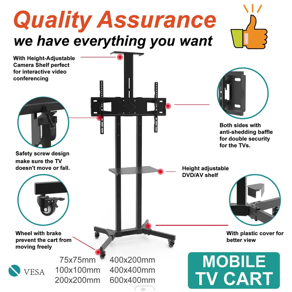 Premium Heavy Duty Full Motion Swivel Floor Stand TV Trolley with Brackets for 32" inch to 75” LED, LCD and Plasma TV for VESA Sizes 100 x 100 Upto 600 x 400 mm (Tv Trolley 2 Shelves)