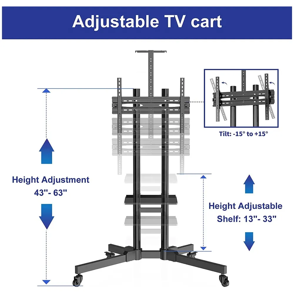 Premium Heavy Duty Full Motion Swivel Floor Stand TV Trolley with Brackets for 32" inch to 75” LED, LCD and Plasma TV for VESA Sizes 100 x 100 Upto 600 x 400 mm (Tv Trolley 2 Shelves)
