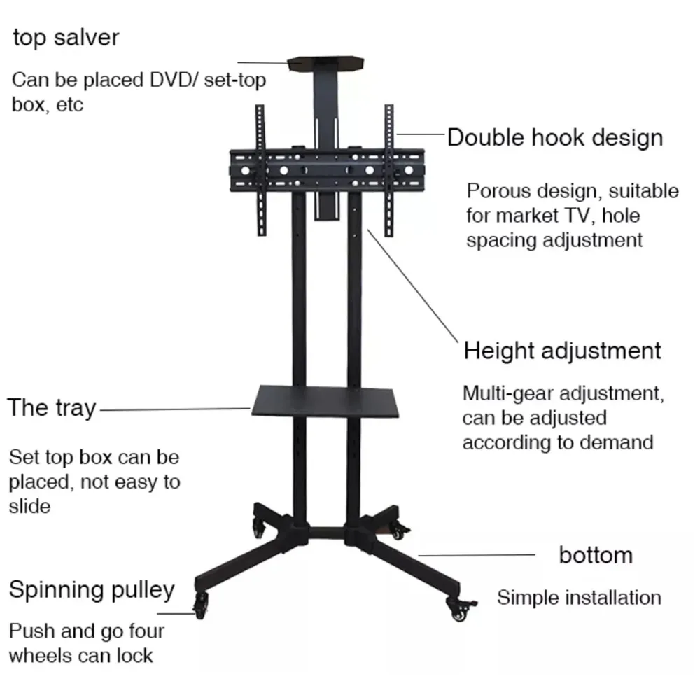 Premium Heavy Duty Full Motion Swivel Floor Stand TV Trolley with Brackets for 32" inch to 75” LED, LCD and Plasma TV for VESA Sizes 100 x 100 Upto 600 x 400 mm (Tv Trolley 2 Shelves)