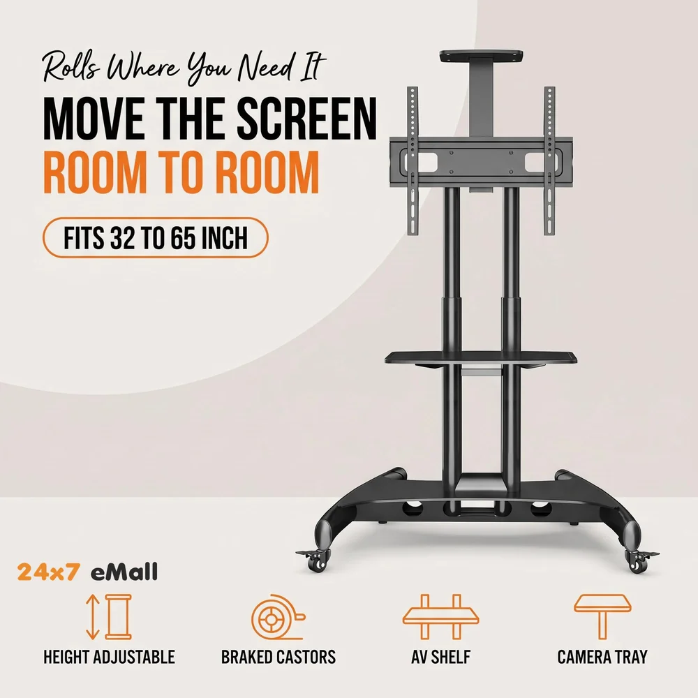 Mobile TV Cart TV Stand with Wheels for 32 to 65 Inch LCD LED OLED Plasma Flat Panel Screens Up to 45 Kgs Tv Trolley