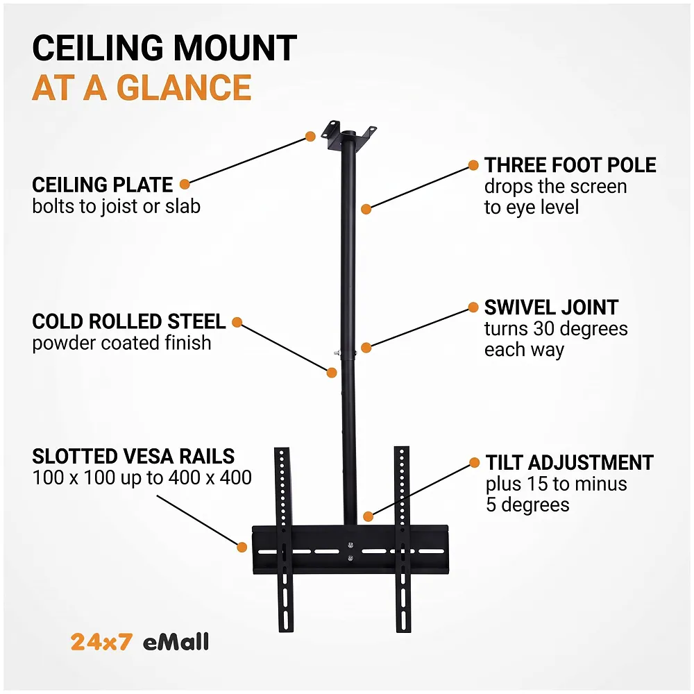 Heavy Duty Tilt Swivel Ceiling TV Mount 3 feet 26 to 55 inches