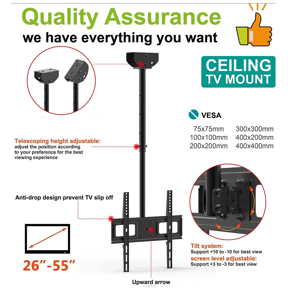 Heavy Duty Tilt Swivel Ceiling TV Mount 3 feet 26 to 55 inches