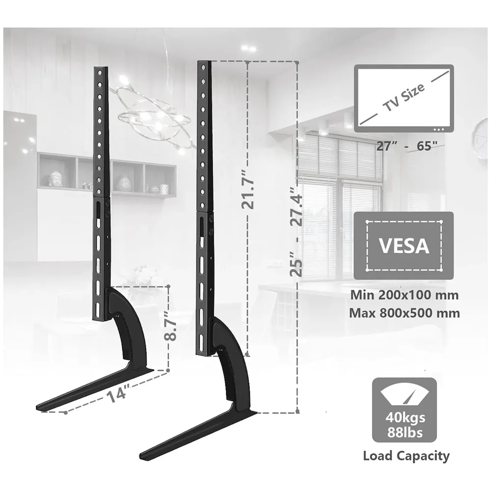 Universal Table Top TV Stand for Most 27 30 32 37 40 43 47 50 55 60 65 Inch Plasma LCD LED Flat or Curved Screen TVs with Height Adjustment, VESA Patterns up to 800x400 mm
