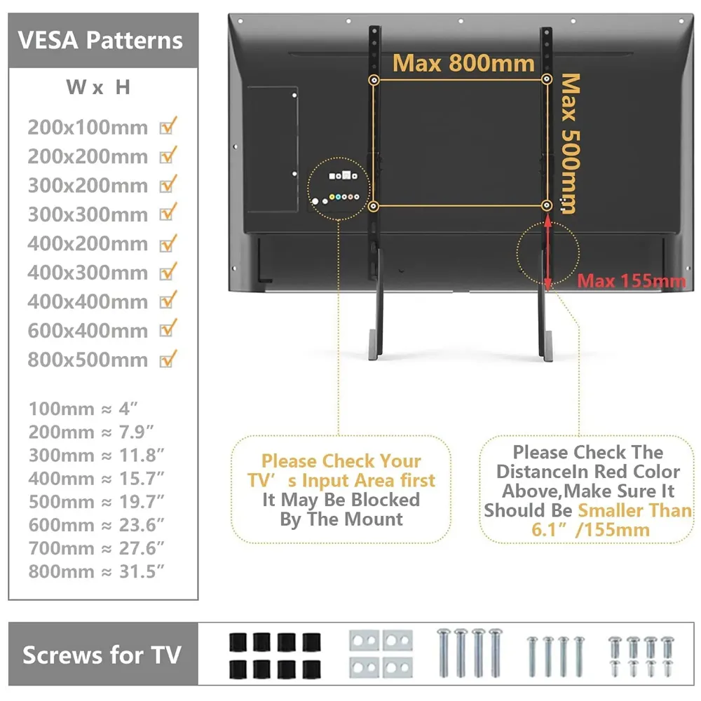 Universal Table Top TV Stand for Most 27 30 32 37 40 43 47 50 55 60 65 Inch Plasma LCD LED Flat or Curved Screen TVs with Height Adjustment, VESA Patterns up to 800x400 mm