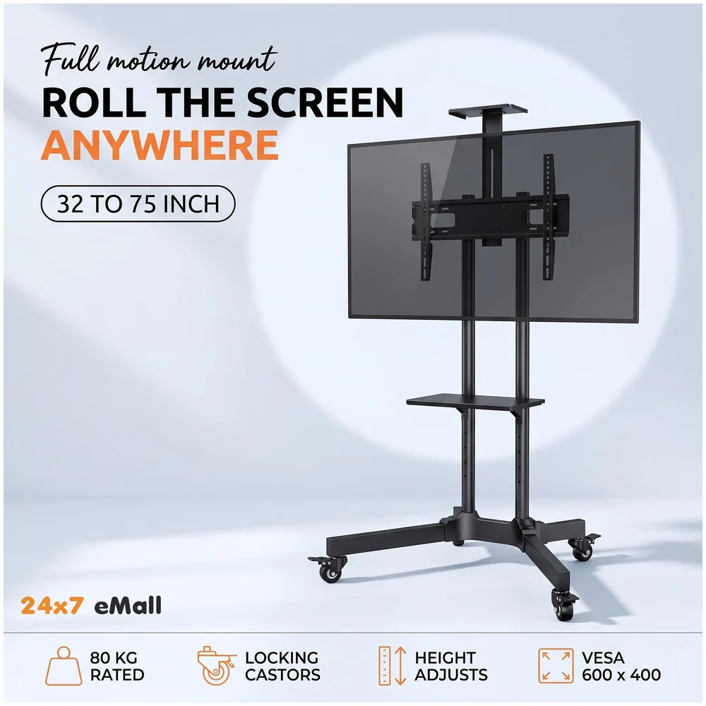 Full Motion TV Floor Stand Trolley 1500 32 to 75 inch 2 Shelves