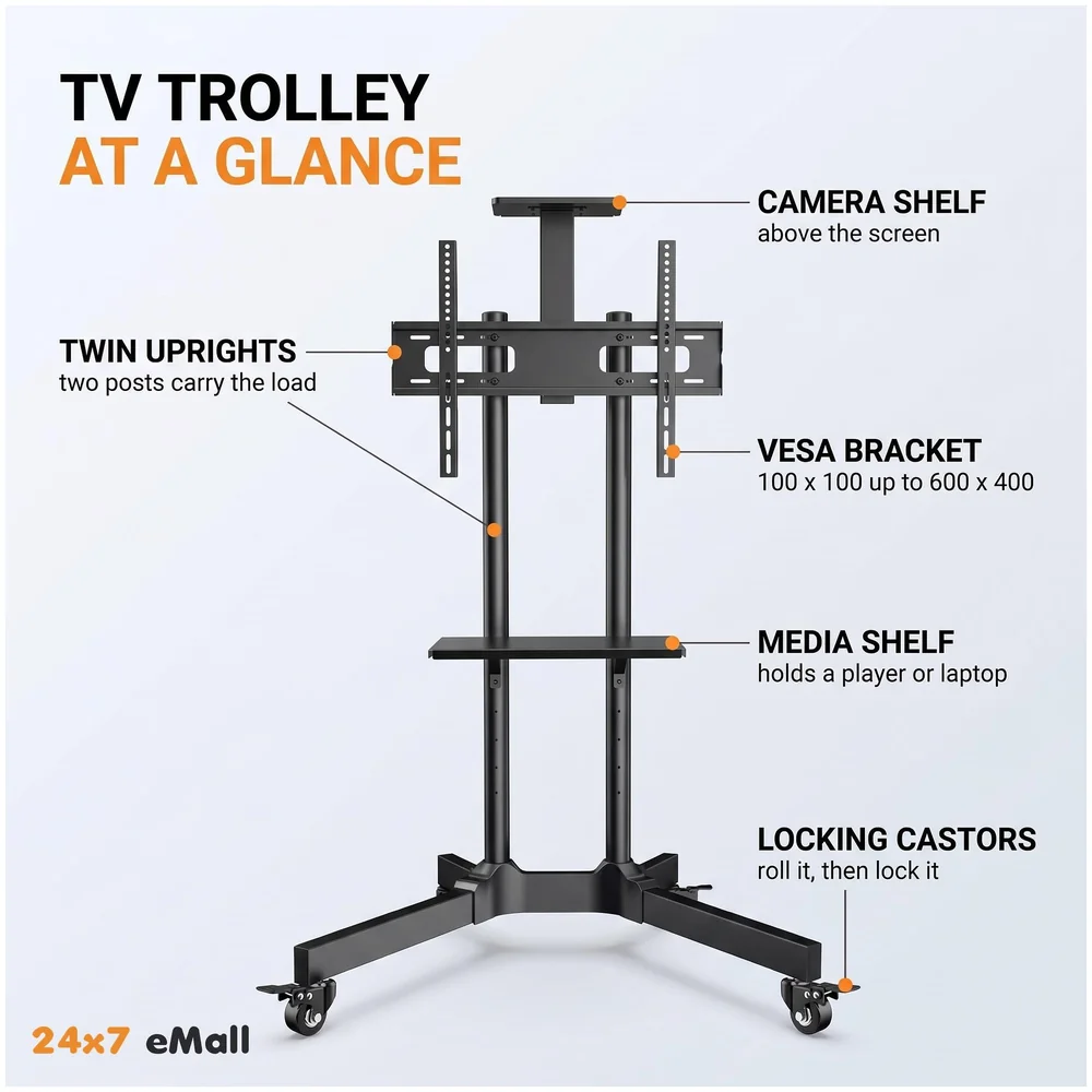 Full Motion TV Floor Stand Trolley 1500 32 to 75 inch 2 Shelves