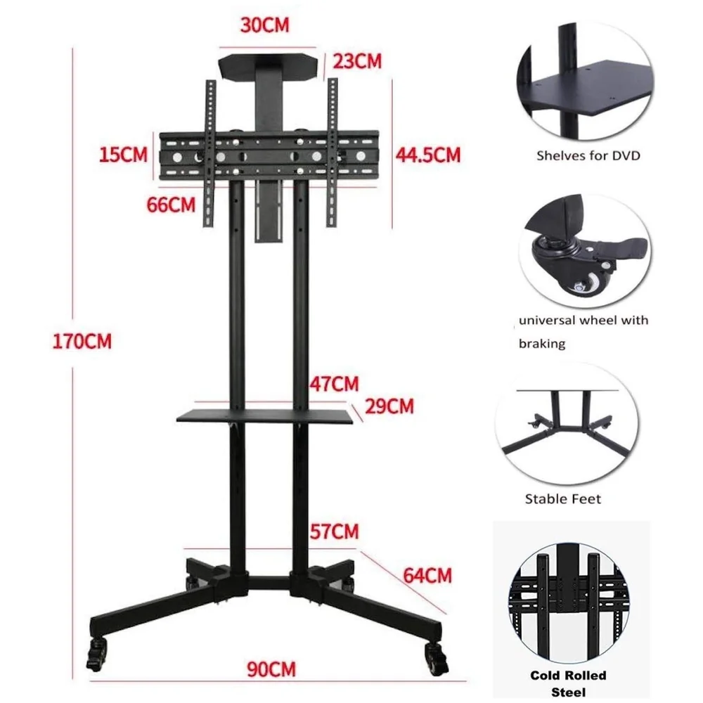 Full Motion TV Floor Stand Trolley 1500 32 to 75 inch 2 Shelves
