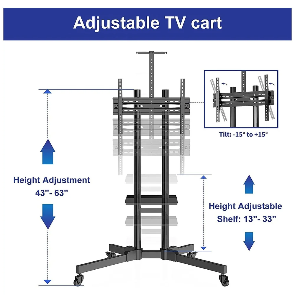 Full Motion TV Floor Stand Trolley 1500 32 to 75 inch 2 Shelves