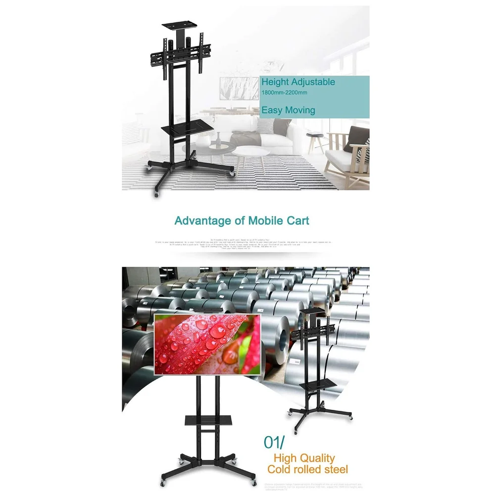 Full Motion TV Floor Stand Trolley 1500 32 to 75 inch 2 Shelves