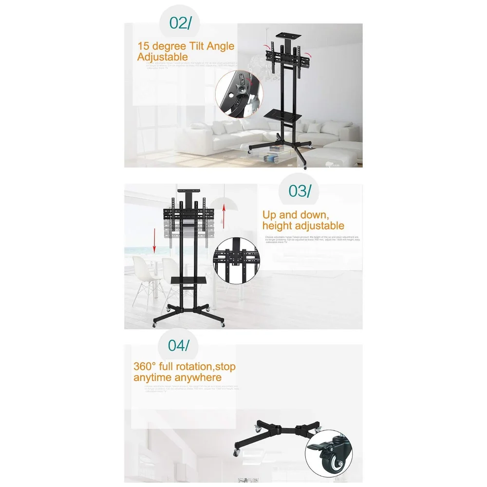 Full Motion TV Floor Stand Trolley 1500 32 to 75 inch 2 Shelves