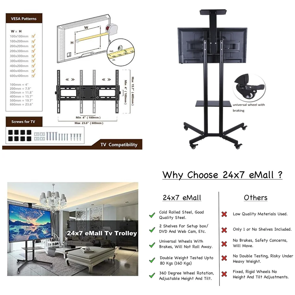 Full Motion TV Floor Stand Trolley 1500 32 to 75 inch 2 Shelves