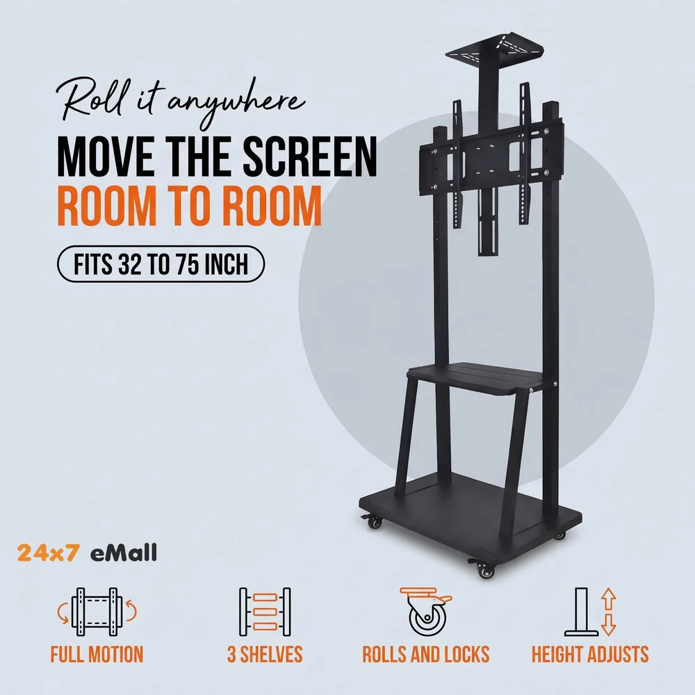 Premium Heavy Duty Full Motion Swivel Floor Stand TV Trolley with Brackets for 32" inch to 75” LED, LCD for VESA Sizes 100 x 100 Upto 600 x 400 mm (Tv Trolley 3 Shelves) (Premium)