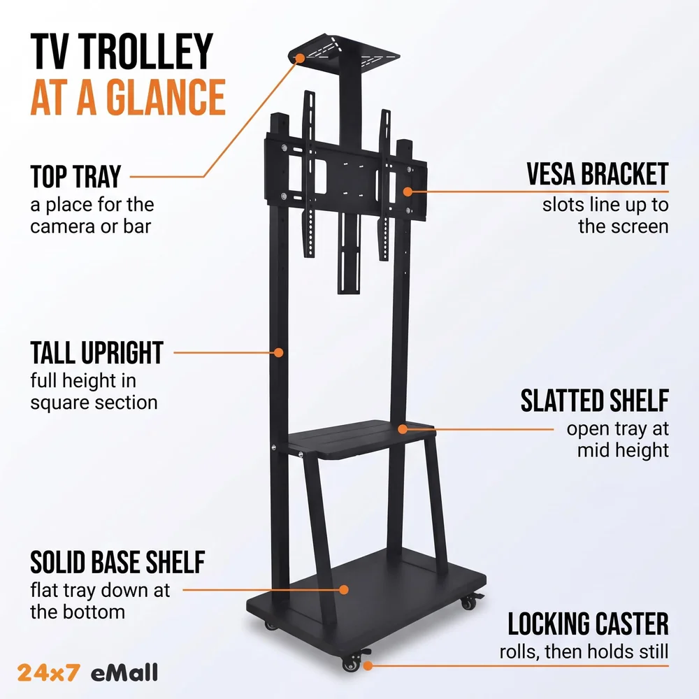 Premium Heavy Duty Full Motion Swivel Floor Stand TV Trolley with Brackets for 32" inch to 75” LED, LCD for VESA Sizes 100 x 100 Upto 600 x 400 mm (Tv Trolley 3 Shelves) (Premium)