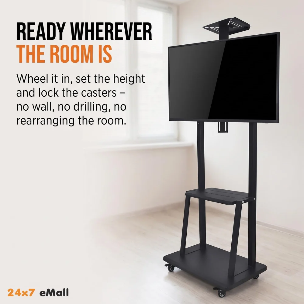 Premium Heavy Duty Full Motion Swivel Floor Stand TV Trolley with Brackets for 32" inch to 75” LED, LCD for VESA Sizes 100 x 100 Upto 600 x 400 mm (Tv Trolley 3 Shelves) (Premium)