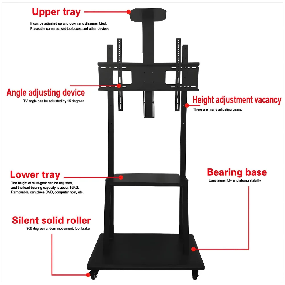 Premium Heavy Duty Full Motion Swivel Floor Stand TV Trolley with Brackets for 32" inch to 75” LED, LCD for VESA Sizes 100 x 100 Upto 600 x 400 mm (Tv Trolley 3 Shelves) (Premium)