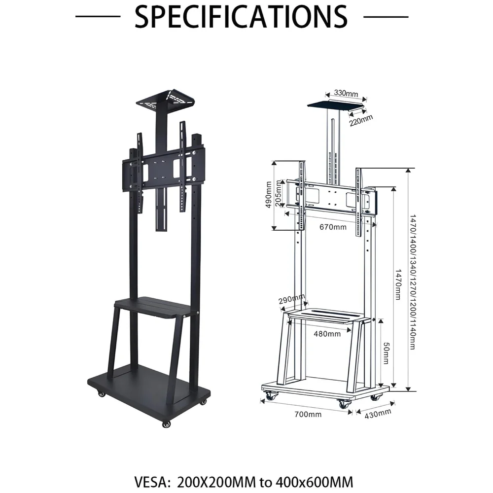 Premium Heavy Duty Full Motion Swivel Floor Stand TV Trolley with Brackets for 32" inch to 75” LED, LCD for VESA Sizes 100 x 100 Upto 600 x 400 mm (Tv Trolley 3 Shelves) (Premium)