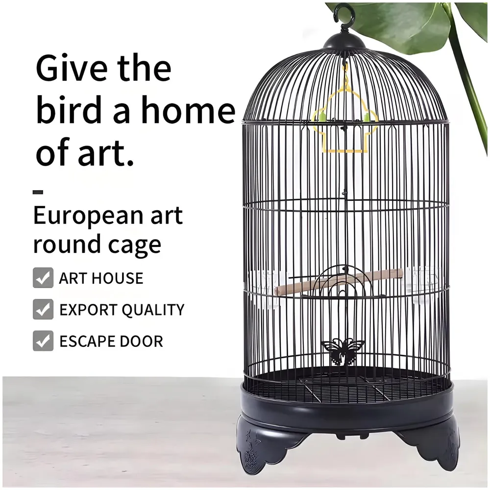 Bird Cage Black, Iron, Round, Metal Bird Cage, House Parrot, Myna, Metal Cage, Easy to Clean, Large Moving Space, Size Regular (52 x 25 CM)