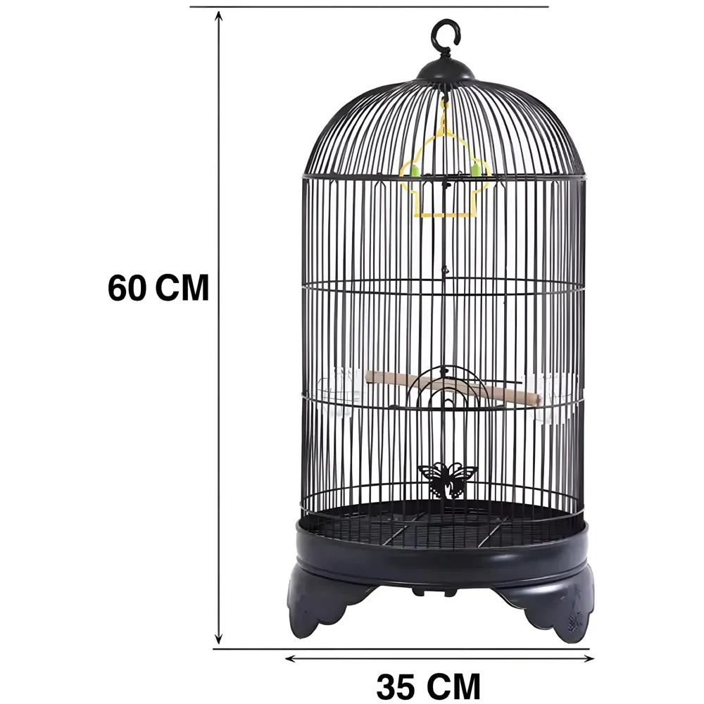 Bird Cage Black, Iron, Round, Metal Bird Cage, House Parrot, Myna, Metal Cage, Easy to Clean, Large Moving Space, Size (Large (60 x 35 CM))