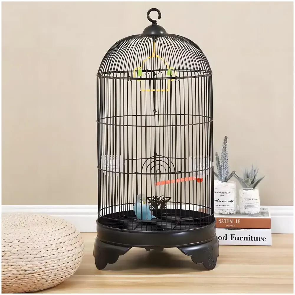 Bird Cage Black, Iron, Round, Metal Bird Cage, House Parrot, Myna, Metal Cage, Easy to Clean, Large Moving Space, Size (Large (60 x 35 CM))
