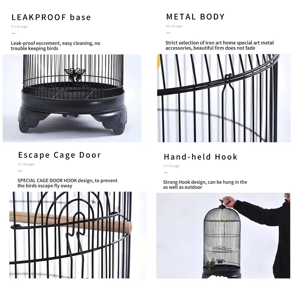 Bird Cage Black, Iron, Round, Metal Bird Cage, House Parrot, Myna, Metal Cage, Easy to Clean, Large Moving Space, Size (Large (60 x 35 CM))