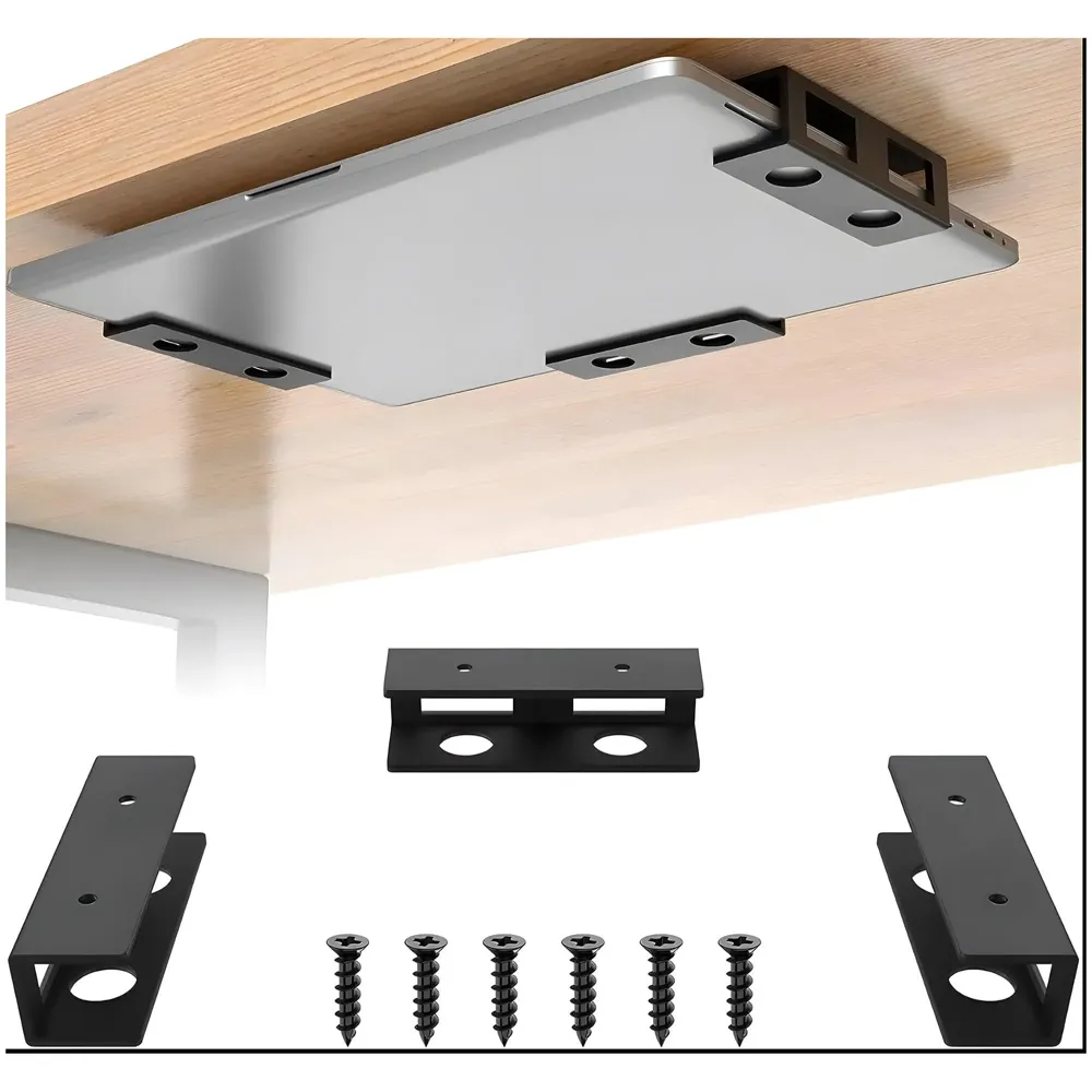 Under Desk Laptop Holder Wall Mount Holder for Laptops, Carbon Steel, Scratch Resistant Strips, Adjustable Mounts Use Slide In And Slide Out Design. Device Thickness Should Not exceed 35mm.
