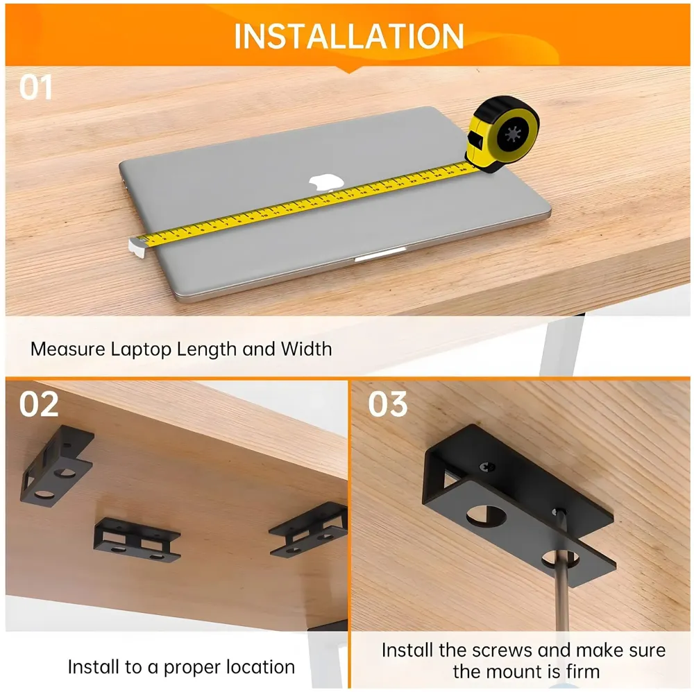 Under Desk Laptop Holder Wall Mount Holder for Laptops, Carbon Steel, Scratch Resistant Strips, Adjustable Mounts Use Slide In And Slide Out Design. Device Thickness Should Not exceed 35mm.