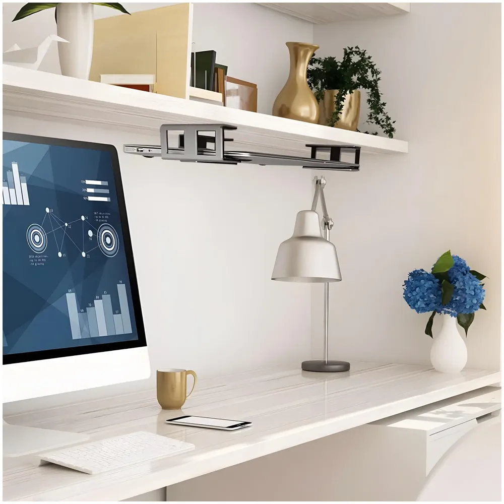 Under Desk Laptop Holder Wall Mount Holder for Laptops, Carbon Steel, Scratch Resistant Strips, Adjustable Mounts Use Slide In And Slide Out Design. Device Thickness Should Not exceed 35mm.