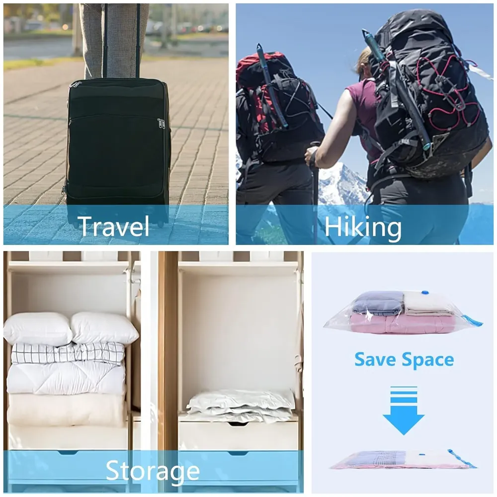Vacuum Storage Bags with Hand Pump, Set of 5 (1 Jumbo, 2 Large, 2 Medium), Reusable Space Saver, Airtight Ziplock Compression for Travel, Clothing, Comforters, Blankets and Bedding.