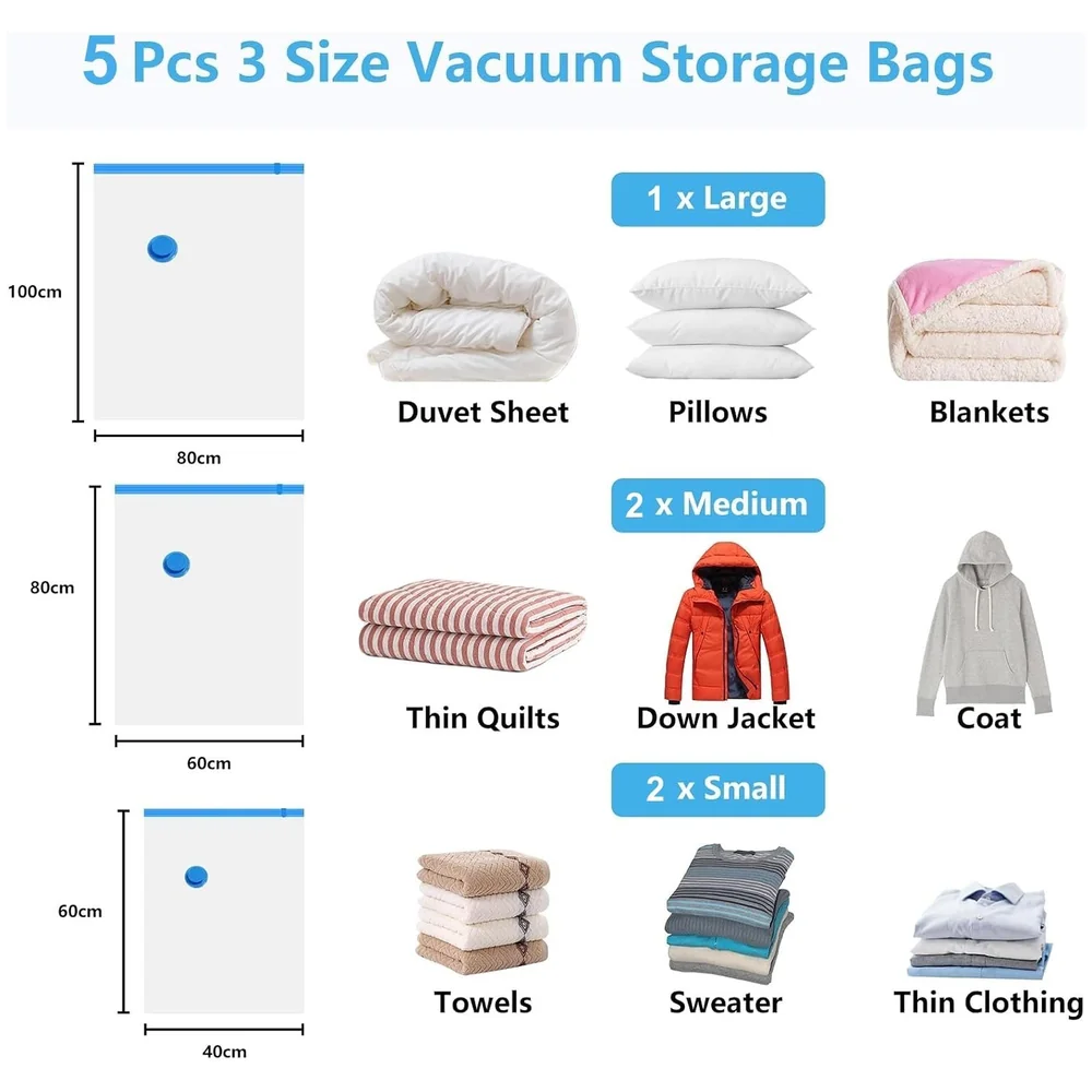 5 Pcs Vacuum Storage Bags Hand Pump 1 Jumbo 2 Large 2 Medium Set