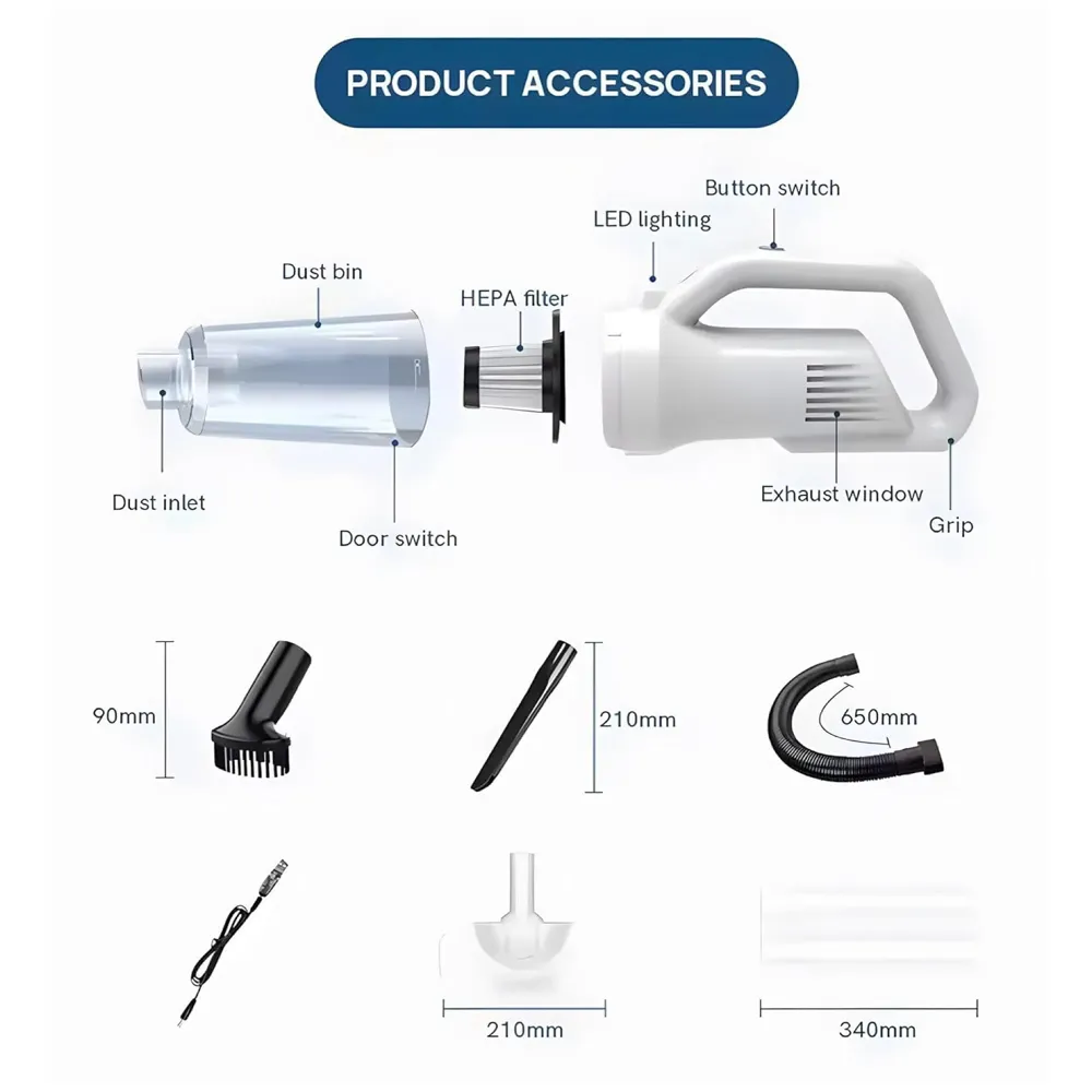Cordless Vacuum Cleaner, Portable High-Power Motor with Strong Suction, Handheld Rechargeable Hoover with 4 Multi-Use Attachments for Home, Car & Office (White)