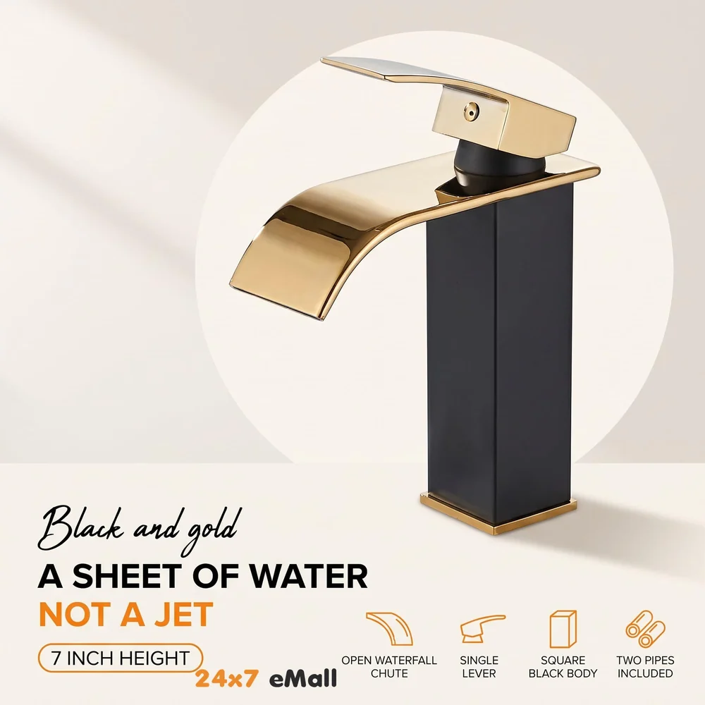Black Gold Small Waterfall Faucet Single Lever Basin Mixer Waterfall Short Black, SS Material, for Bathroom Washbasins Toilets 7 Inches Height.