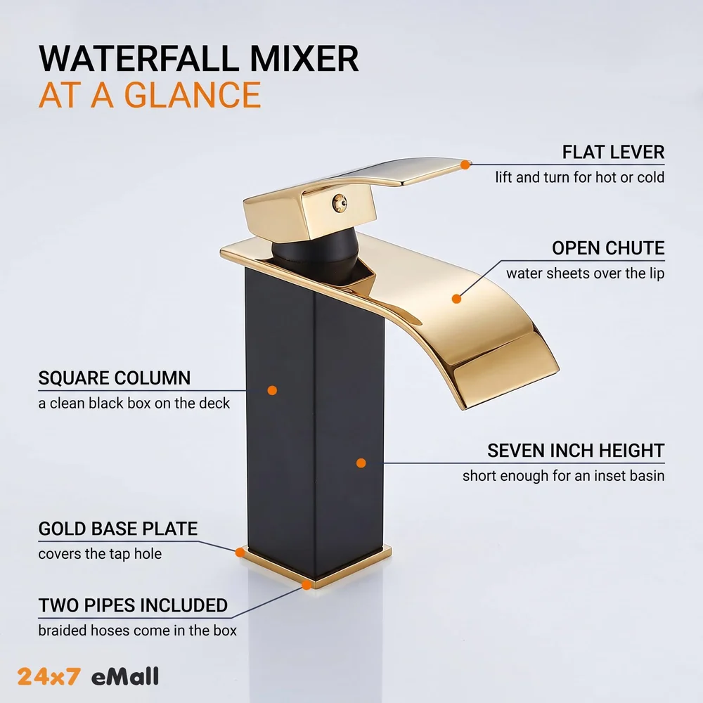 Black Gold Small Waterfall Faucet Single Lever Basin Mixer Waterfall Short Black, SS Material, for Bathroom Washbasins Toilets 7 Inches Height.