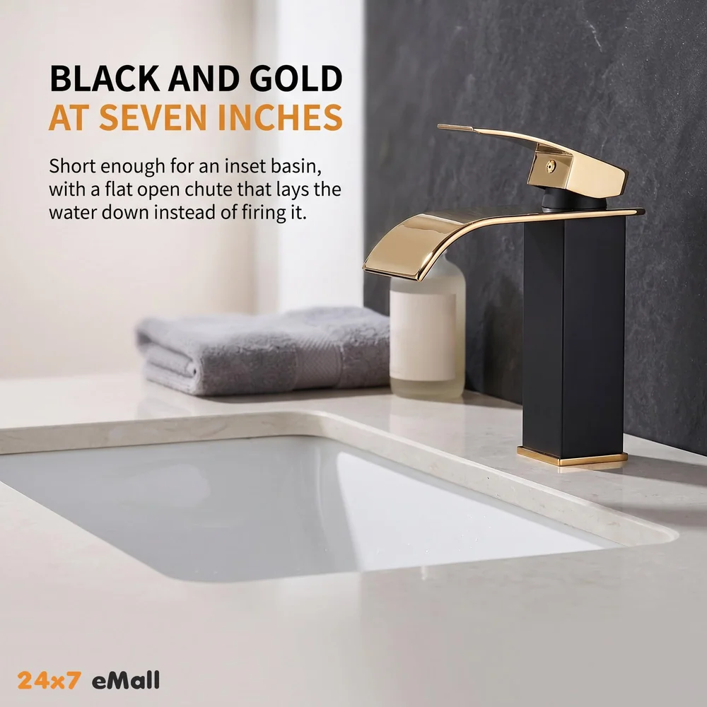 Black Gold Small Waterfall Faucet Single Lever Basin Mixer Waterfall Short Black, SS Material, for Bathroom Washbasins Toilets 7 Inches Height.