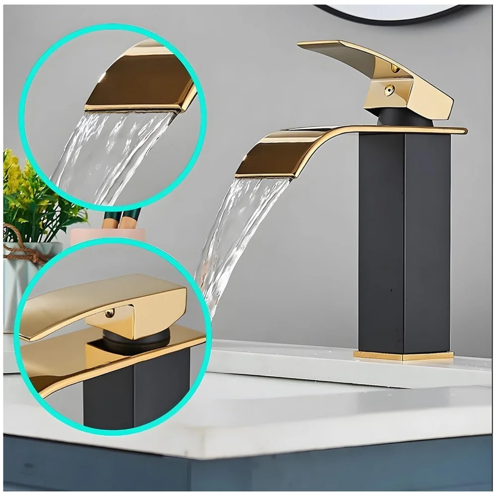 Black Gold Small Waterfall Faucet Single Lever Basin Mixer Waterfall Short Black, SS Material, for Bathroom Washbasins Toilets 7 Inches Height.