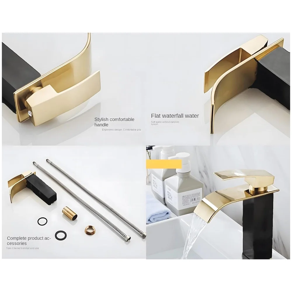 Black Gold Small Waterfall Faucet Single Lever Basin Mixer Waterfall Short Black, SS Material, for Bathroom Washbasins Toilets 7 Inches Height.