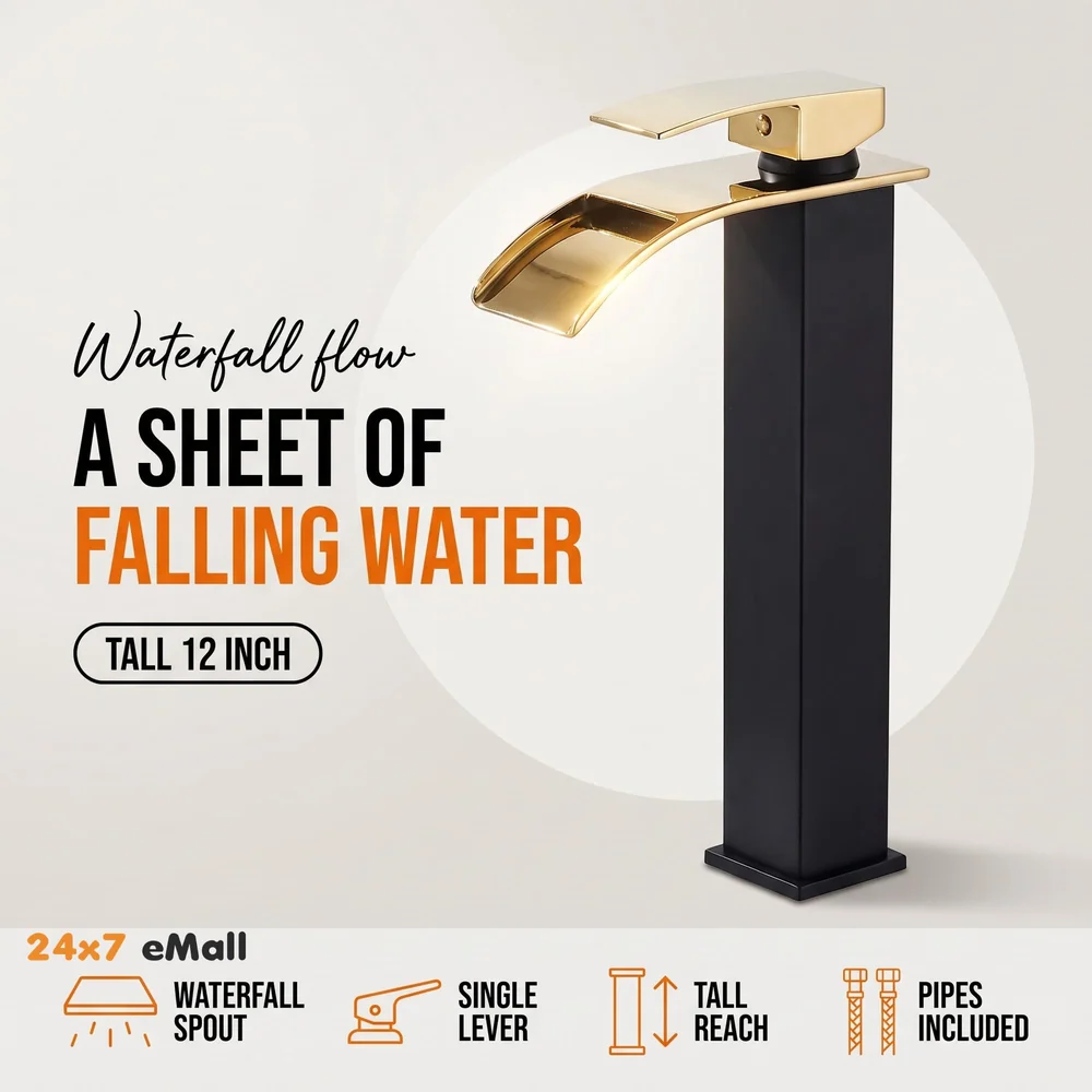 Black Gold Tall Waterfall Faucet Waterfall Single Lever Basin Mixer Waterfall Tall Black, SS Material, for Bathroom Washbasins Toilets 12 Inches Height
