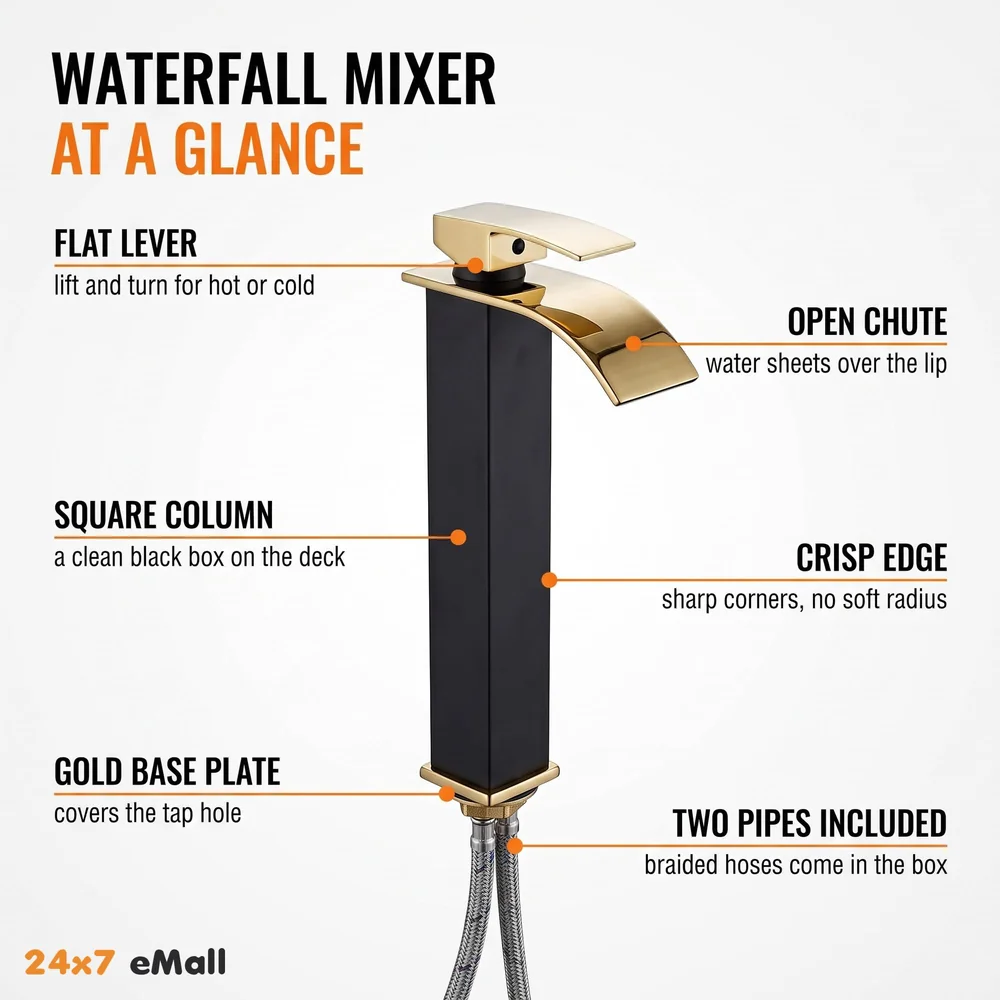 Black Gold Tall Waterfall Faucet Waterfall Single Lever Basin Mixer Waterfall Tall Black, SS Material, for Bathroom Washbasins Toilets 12 Inches Height