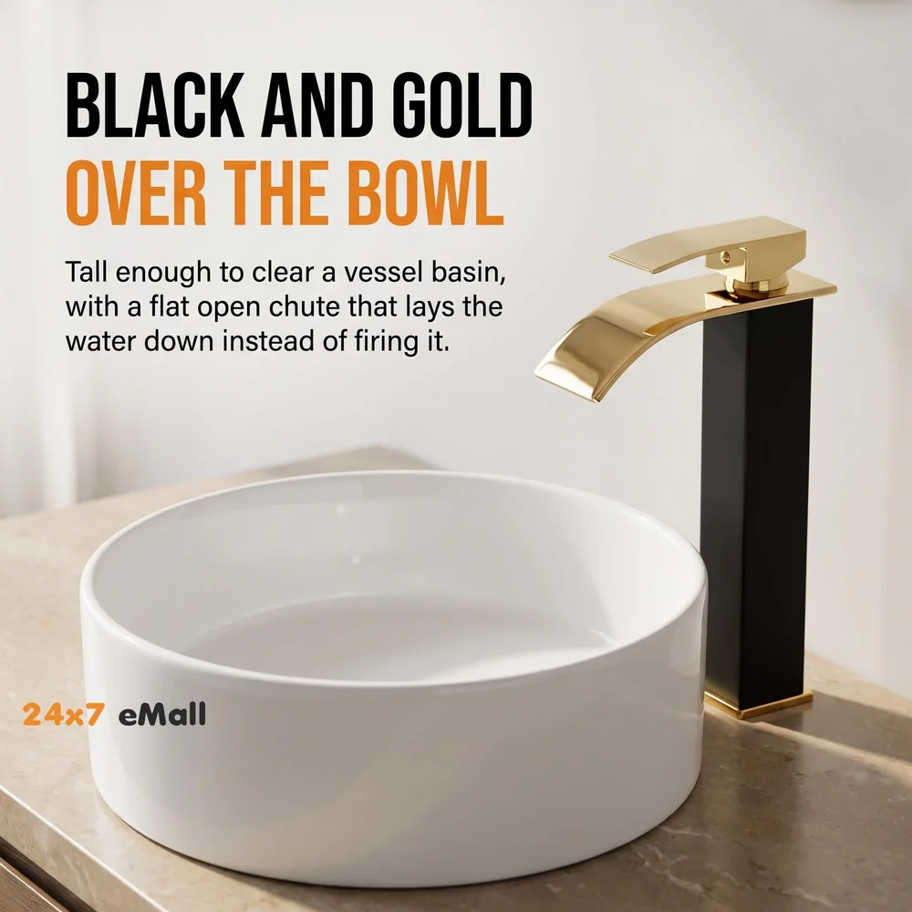 Black Gold Tall Waterfall Faucet Waterfall Single Lever Basin Mixer Waterfall Tall Black, SS Material, for Bathroom Washbasins Toilets 12 Inches Height