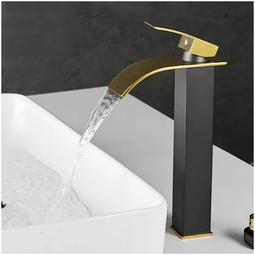 Black Gold Tall Waterfall Faucet Waterfall Single Lever Basin Mixer Waterfall Tall Black, SS Material, for Bathroom Washbasins Toilets 12 Inches Height - Premium