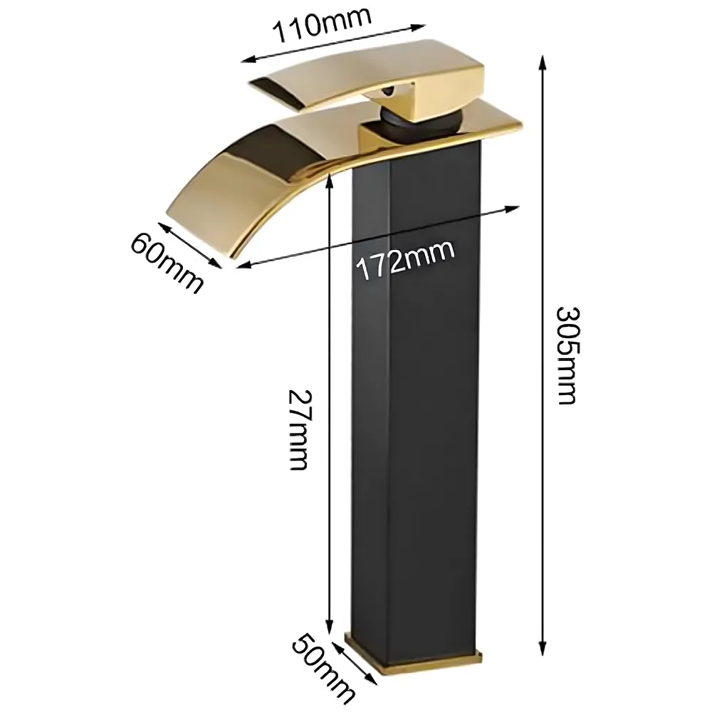 Black Gold Tall Waterfall Faucet Waterfall Single Lever Basin Mixer Waterfall Tall Black, SS Material, for Bathroom Washbasins Toilets 12 Inches Height - Premium