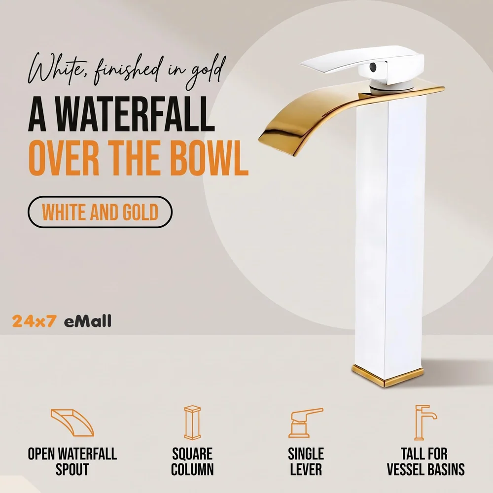 White Gold Tall Waterfall Faucet Waterfall Single Lever Basin Mixer Waterfall Tall Black, SS Material, for Bathroom Washbasins Toilets 12 Inches Height