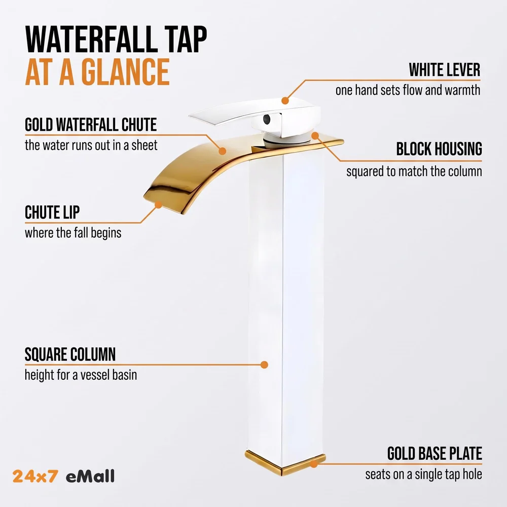 White Gold Tall Waterfall Faucet Waterfall Single Lever Basin Mixer Waterfall Tall Black, SS Material, for Bathroom Washbasins Toilets 12 Inches Height