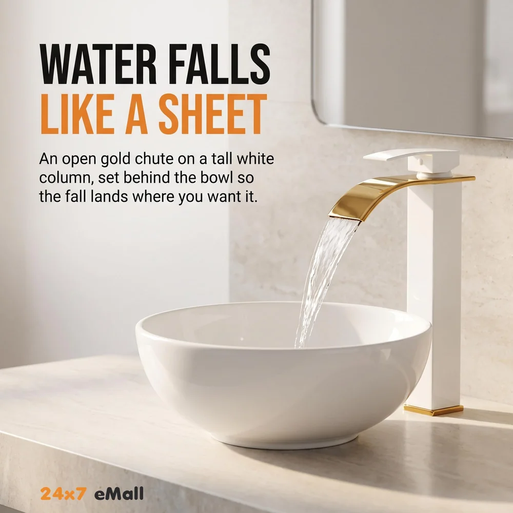 White Gold Tall Waterfall Faucet Waterfall Single Lever Basin Mixer Waterfall Tall Black, SS Material, for Bathroom Washbasins Toilets 12 Inches Height