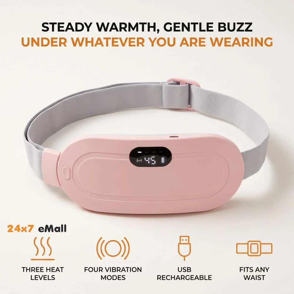 Cordless Menstrual Corded Electric Heating Pad Vibrating Massager For Period Back Pain, 3-Speed Heating & 4-Speed Vibration Modes, Pink
