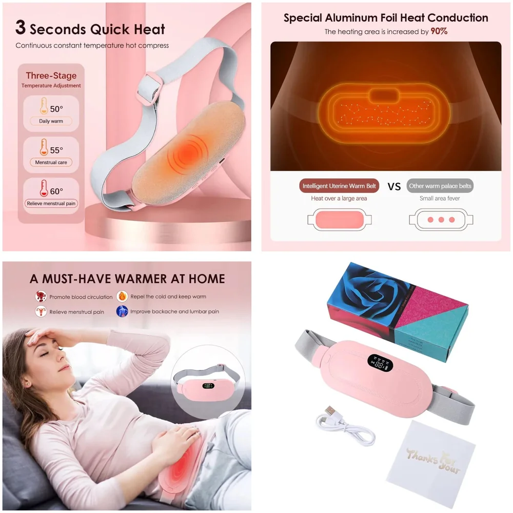 Cordless Menstrual Corded Electric Heating Pad Vibrating Massager For Period Back Pain, 3-Speed Heating & 4-Speed Vibration Modes, Pink