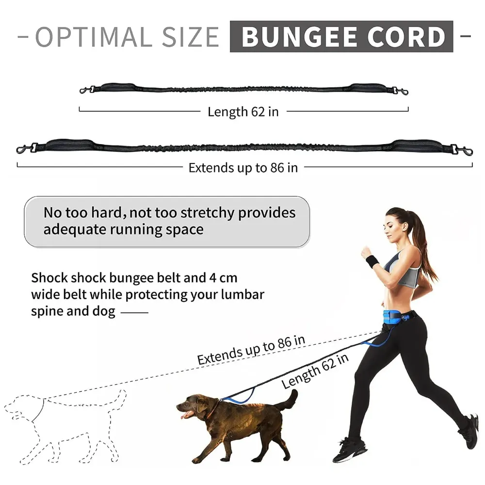 Waist Leash Hands Free Dog Leash Extendable Bungee Dogs Running Walking Jogging Adjustable Waist Belt.