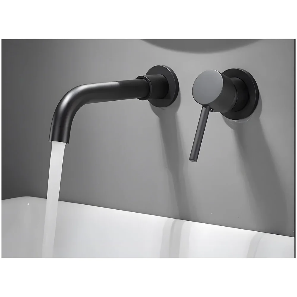 SS Black Mixer Hot and Cold Basin Tap Faucet Basin Mixer Wall Mounted Mixer with Concealed Parts, for Bathroom Wash Basin Matt Black -19.5cm